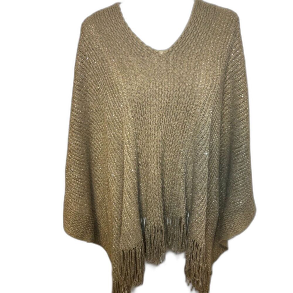 Ruana Style Tan Thick Knit Womens Wrap Hem Sweater Fringe Poncho Scoop Neck